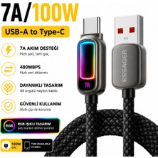 Essager 1 Metre 100W 7A Usb-A To Type-C Hızlı Şarj Kablosu Rgb Işıklı 480MBPS Veri Aktarımlı Örgülü Data Kablosu