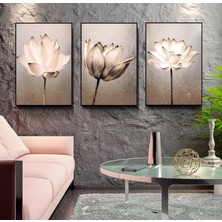 Emya Home Siyah Metal Çerçeveli Lotus Çiçekleri 3’lü Kanvas Tablo Seti