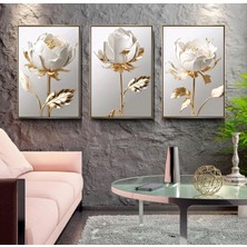 Emya Home Gold Metal Çerçeveli Güller 3’lü Kanvas Tablo Seti
