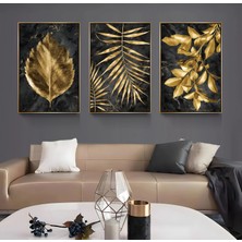 Emya Home Gold Metal Çerçeveli Altın Yapraklar 3’lü Kanvas Tablo Seti
