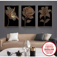 Emya Home Gold Metal Çerçeveli Çiçekler 3’lü Kanvas Tablo Seti