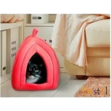 Happy Trend Polar Kedi ve Köpek Yatağı Yuvası Polar Kedi ve Köpek Evi Mağrası Acık Kırmızı Renk