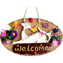 Happy Trend Welcome Yazılı Kedili El Yapımı Kapı Süsü