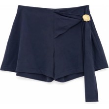 Kadın Lacivert Gold Tokalı Bağlamalı Tencel Şort