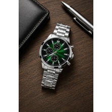 Asmedo Erkek Gümüş Renk Metal Kordon Analog Kol Saati Takvim Göstergeli Yeşil Siyah Kadran - Gümüş