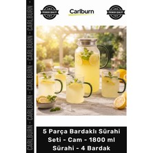Carlburn Özel Üretim Şık Yeşil Kulplu Lüks 5 Parça Bardaklı Sürahi Seti Cam 1800 ml Sürahi 4 Bardak