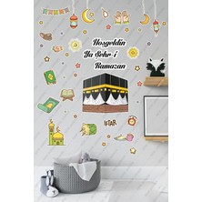 Ayrex Hoşgeldin Ya Şehri Ramazan Yazılı Ramazan Duvar Sticker Seti, Kabe ve Renkli Islami Figürler, Cam Duvar Kapı Dekorasyon, 50 Parça