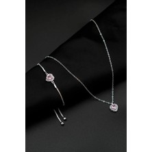C&On Design Zirkon Taşlı Kalp Charm Model Pembe Renk Kadın Kolye ve Bileklik Set