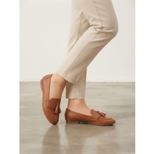 Noxmark Hakiki Deri Püskül Detaylı Kadın Loafer Ayakkabı