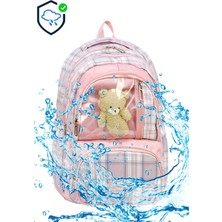 LilyMoon Ekose Desenli Şeffaf Cepli Ayıcıklı Çok Gözlü Okul Sırt Çantası 42 cm