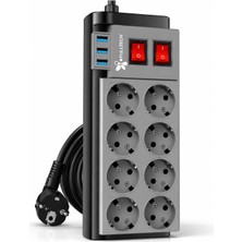 Ayrex Suwors Akım Korumalı 8'li Grup Priz 2 Metre – 3 USB Girişli Anahtarlı Çoklu Uzatma Kablosu – 4000W Güvenli Priz Çoklayıcı