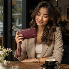 Parisienne Boutique Kadın Telefon Bölmeli Cüzdan Çok Gözlü Kartlıklı Fermuarlı Bilek Askılı Büyük Cüzdan