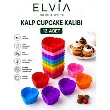 Elvia Home & Living Silikon Mini Kalp Kek Kalıbı, Kalp Cupcake Kalıbı, Tekrar Kullanılabilir, Yapışmaz-12 Adet