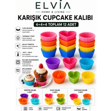 Elvia Home & Living Silikon Karışık Mini Kek Kalıbı, Muffin + Kalp + Cupcake Kalıbı, Tekrar Kullanılabilir-12 Adet