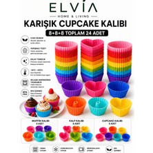 Elvia Home & Living Silikon Karışık Mini Kek Kalıbı, Muffin + Kalp + Cupcake Kalıbı, Tekrar Kullanılabilir-24 Adet