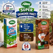 Sütaş 200 ml Tam Yağlı Sade Süt ve 180 ml Cikolatalı Süt 54 Adet Ekonomik Paket
