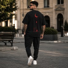 Elze Moda A Kalite Erkek Premium Kırmızı Lunar Line Streetwear Sırt Baskılı Oversize T-Shirt