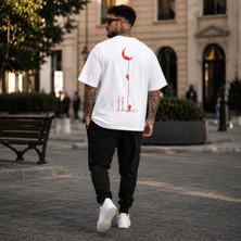 Elze Moda A Kalite Erkek Premium Kırmızı Lunar Line Streetwear Sırt Baskılı Oversize T-Shirt