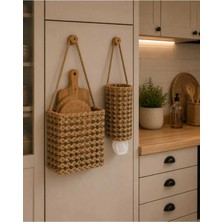 Egindra Hasır Örgü Metal Tel 2li Rustik Mutfak Düzenleyici Sepet- Doğrama Tahtası Sepeti ve Poşetlik Organizer