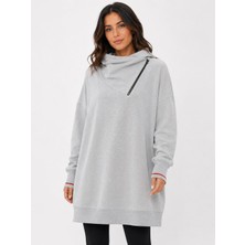 Neden Tekstil Gri Kadın Oversize Triko Yarım Fermuarli Kazak
