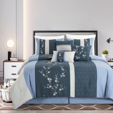 Happy Trend Chezmoi Collection Linnea 7 Parça Lüks Mavi Lacivert Gri Kiraz Çiçeği Çiçekli Nakış Yorgan Seti, King