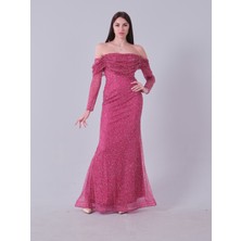Feminist Nar Kayık Yaka Simli Uzun Kol Abiye 9705266