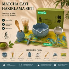Herbarius 8 Parça Lotus Desenli Çiçek Formlu Benekli Turkuaz Mavi Renk Matcha Çayı Hazırlama Seti - Geleneksel Japon Matcha Seti