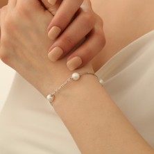 Nox Jewelry Rodyum Kaplama 925 Ayar Gümüş 8 mm Aralıklı Tatlı Su İncili Kadın Bileklik - CBP00129