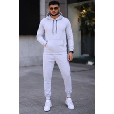 Velmora Fashion Erkek İki İplik Kapüşonlu Kanguru Cepli Sweatshirt Jogger Pantolon Alt Üst Eşofman Takımı -Beyaz