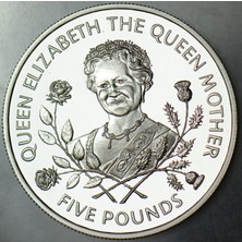 Banknoting Guernsey 5 Pound 1995 Gümüş Hatıra-Iı. Elizabeth Annesinin 95. Doğum Günü. 28,28 gr Proof Baskı Çil.
