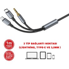 Die Grup Mtl Type-C iPhone Lightning To 3.5mm Aux Kumaş Örgülü Ses Kablosu 3 In 1 Stereo Destekli MT2811 ile Uyumlu