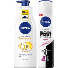 Die Grup Nıvea Kadın Sprey Deodorant Black&white Clear 150ML, Q10 Sıkılaştırıcı ve Nemlendirici Vücut Losyonu 400ML
