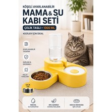 Die Grup Miapet Köşeli Ayarlanabilir Hazneli Çelik Taslı Kedi-Köpek Mama ve Su Kabı Seti 1000ML Sarı