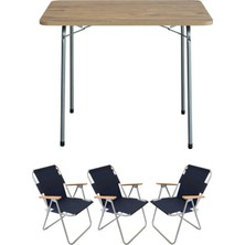 Die Grup Bofigo 60X80 Çam Katlanır Masa + 3 Adet Katlanır Sandalye Kamp Seti Bahçe Balkon Takımı Lacivert
