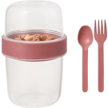 Die Grup Pembe Saklama Kabı – 2 Katlı Taşınabilir Yemek Kabı, Kaşık ve Çatal Dahil 18X10 cm