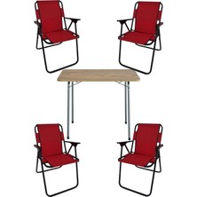 Die Grup Bofigo 60X80 Çam Desenli Katlanır Masa + 4 Adet Katlanır Sandalye Kamp Seti Bahçe Takımı Kırmızı