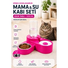 Die Grup Miapet Köşeli Ayarlanabilir Hazneli Çelik Taslı Kedi-Köpek Mama ve Su Kabı Seti 1000ML Neon-Fuşya