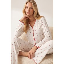 Siyah İnci Yumuşak Tuşe Kışlık Fitilli Pamuklu Örme Düğmeli Hırka Pijama Takım 8073