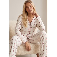 Siyah İnci Yumuşak Tuşe Kışlık Fitilli Pamuklu Örme Düğmeli Hırka Pijama Takım 8073