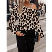 Aselia Global Kadın Uzun Kollu Tek Omuzu Açık Tokalı Leopar Desenli Modal Bluz