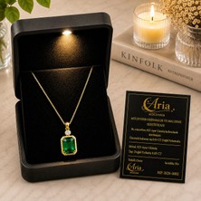 Eva's Jewellery Diamonds Zümrüt Kolye Gerçek Pırlantalı, 925 Ayar Gümüş 18 Ayar Gerçek Altın Kaplama, Işıklı Hediye Kutulu ve Sertifikalı