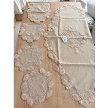 Ceki Home Salon Takımı Çeyizlik Kapiçino Runner Set 5 Parça Keten Masa Örtüsü Runneri Flowers