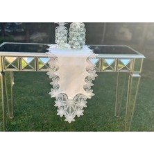 Ceki Home Krem Çeyizlik Selena Model 5 Parça Dantelli Keten Runner Seti Masa Örtüsü Takımı