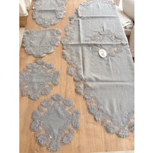 Ceki Home Salon Takımı Çeyizlik Gri Runner Set 5 Parça Keten Masa Örtüsü Runneri Flowers