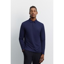 AVVA Erkek Lacivert Polo Yaka Düğmeli Teknik Kumaş Uzun Kol Basic Regular Fit T-Shirt A62Y1014