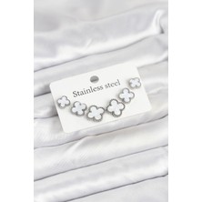 Inure Jewelry 316L Çelik Gümüş Beyaz Renk 3 Boy Yonca Küpe Seti
