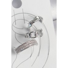 Inure Jewelry Pirinç Gümüş Renk Zirkon Taşlı 3'Lü Zincir Sarmal Model Kadın Kıkırdak Küpe