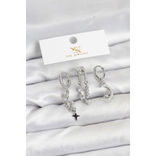 Inure Jewelry Pirinç Gümüş Renk Zirkon Taşlı Uzay Model YSX Trio Küpe Seti