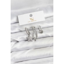 Inure Jewelry Pirinç Gümüş Renk Zirkon Taşlı Yıldız Vintage Model YSX Trio Küpe Seti