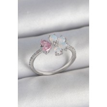Inure Jewelry Pirinç Gümüş Renk Beyaz Mineli Pembe Zirkon Taşlı Çiçek Model Kadın Yüzük